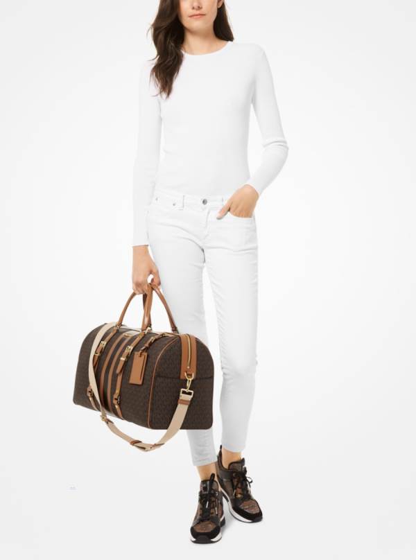 Damske Cestovné Tašky Michael Kors Bedford Travel Extra-Large Logo Stripe Weekender Čokoláda Žlté - Kabelky Michael Kors Obchod | QJDCM-3192